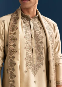 Beige Silk Kurta Set For Men With Thread Embroidery