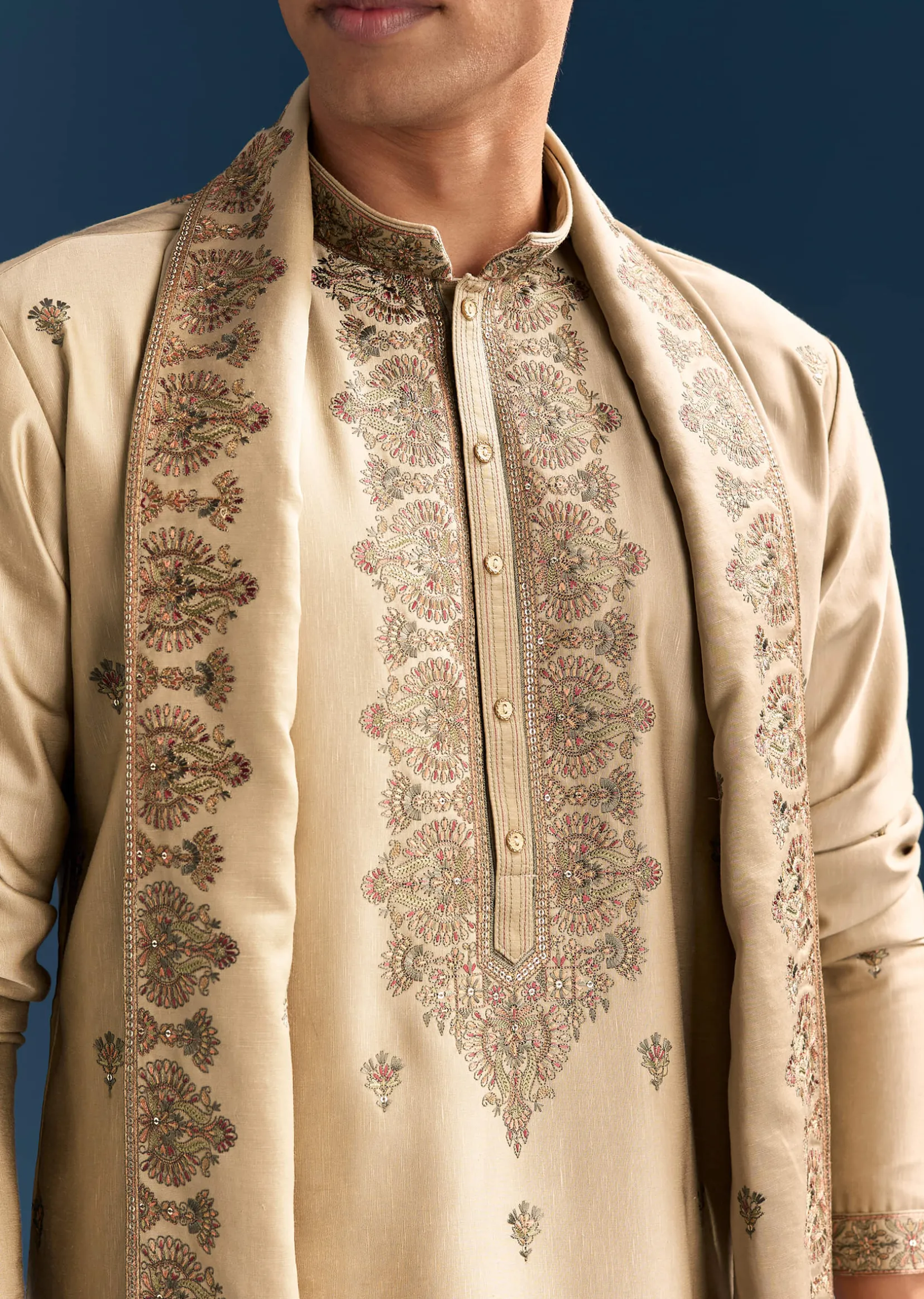 Beige Silk Kurta Set For Men With Thread Embroidery