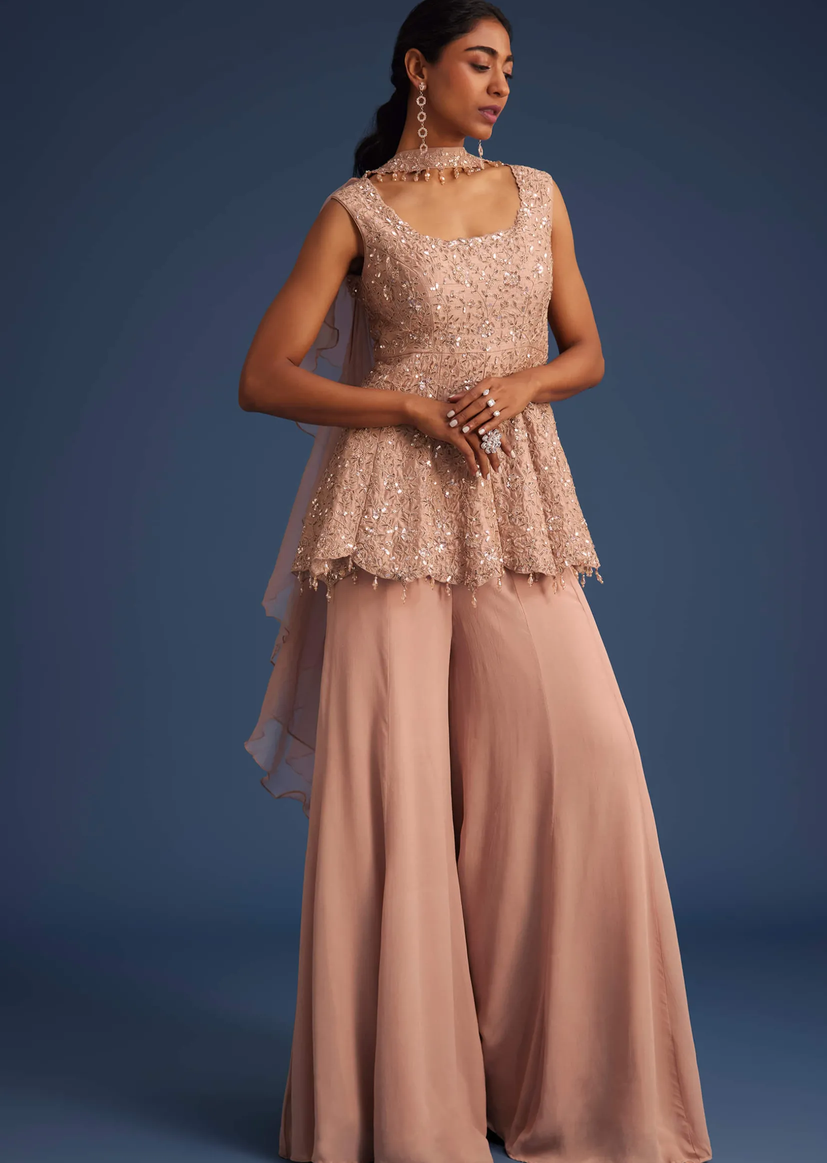 Beige Silk Kurta Set With Georgette Palazzo