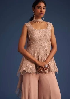 Beige Silk Kurta Set With Georgette Palazzo