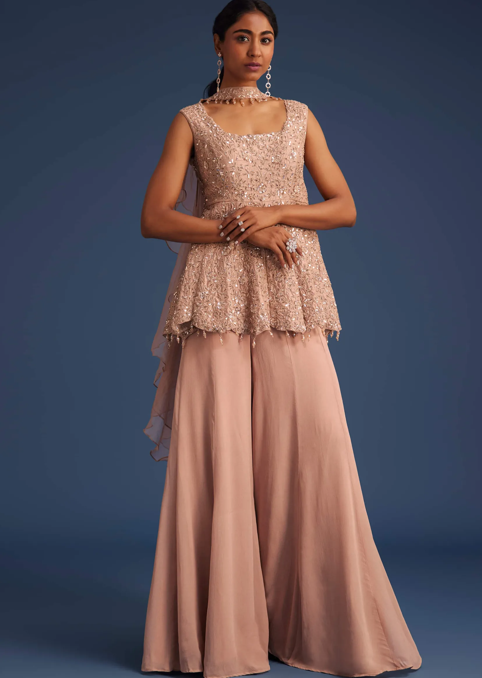 Beige Silk Kurta Set With Georgette Palazzo