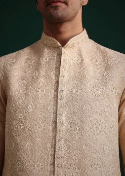 Beige Silk Kurta Set With Threadwork Jacket