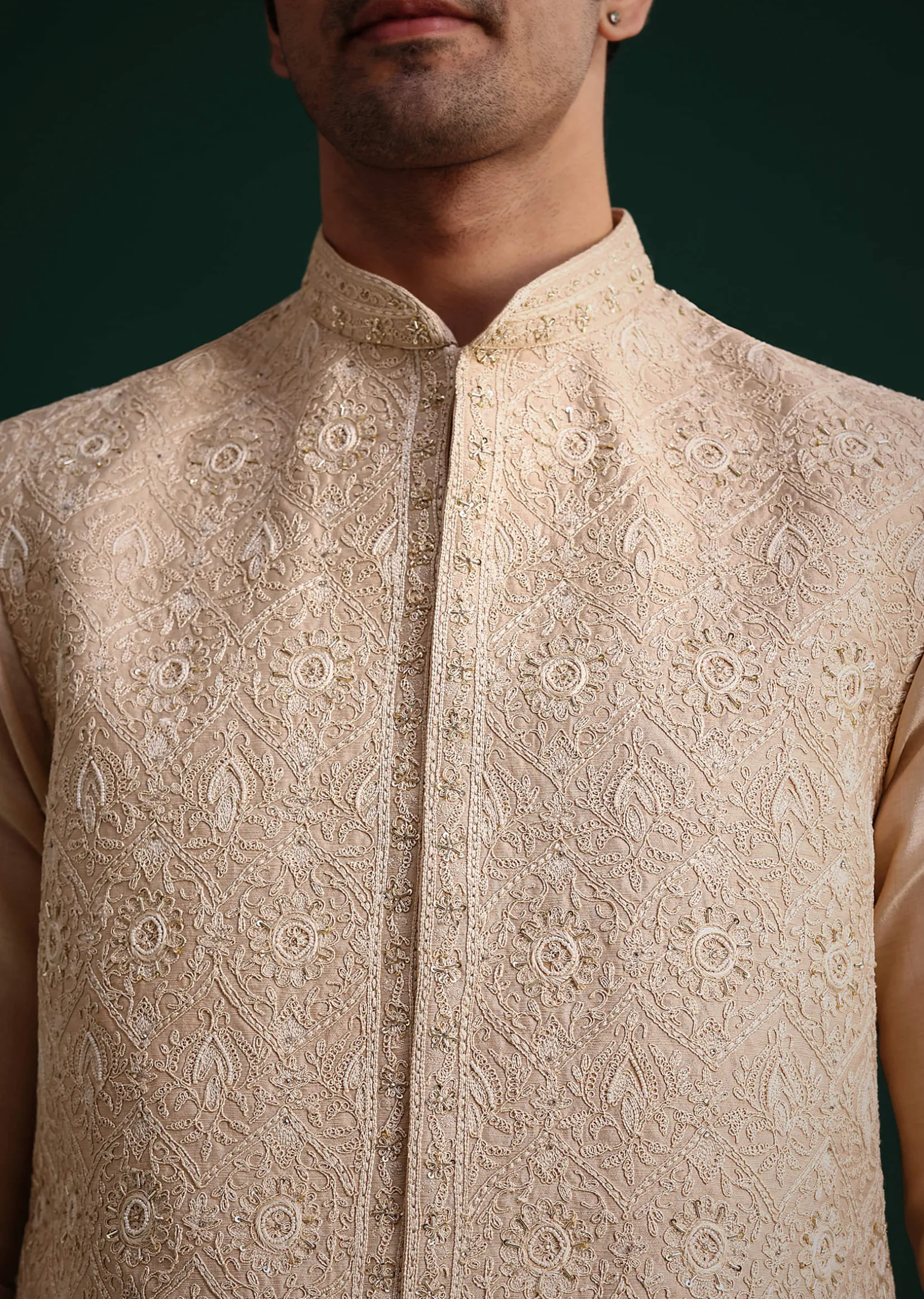 Beige Silk Kurta Set With Threadwork Jacket