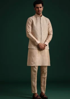 Beige Silk Kurta Set With Threadwork Jacket