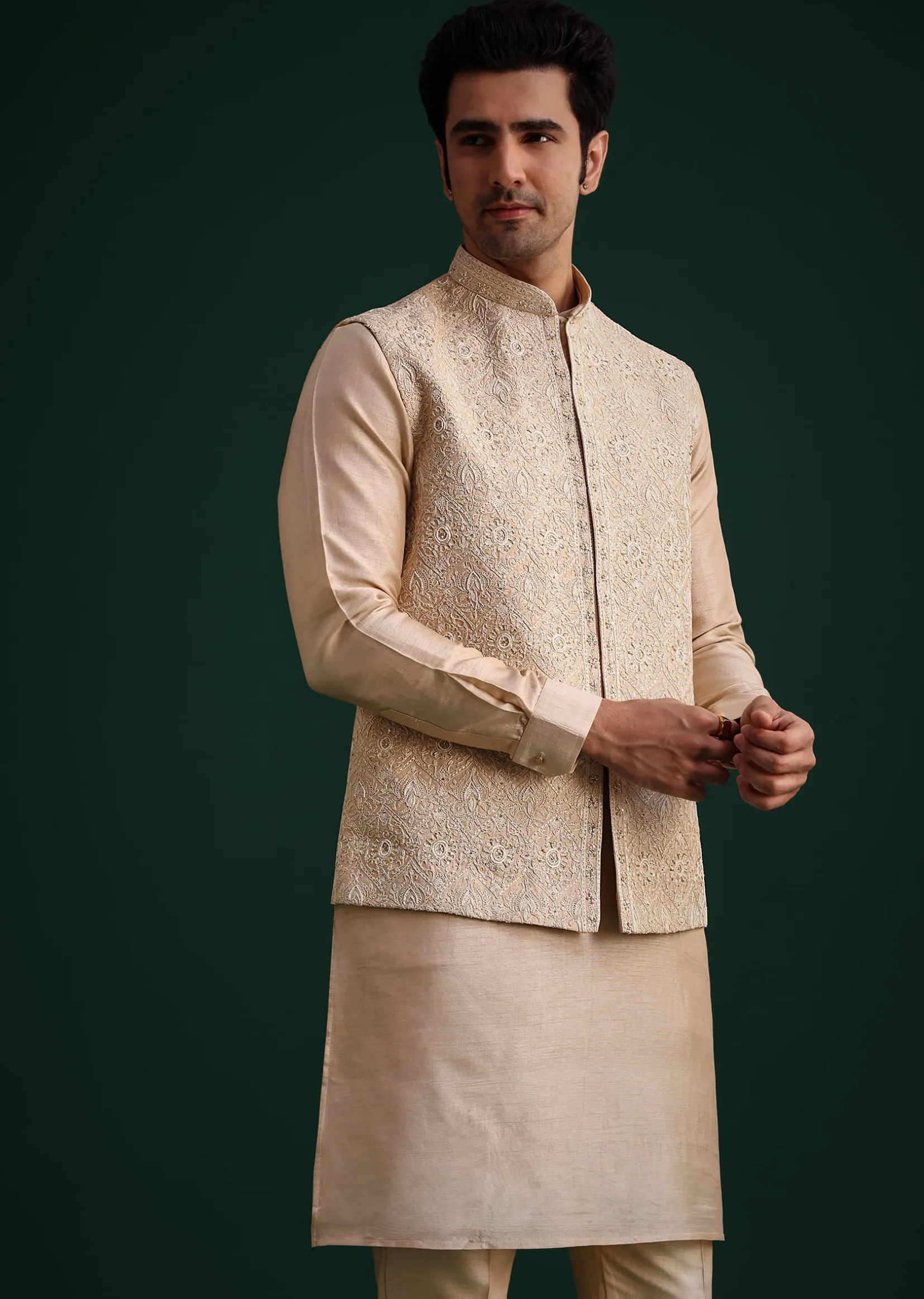 Beige Silk Kurta Set With Threadwork Jacket