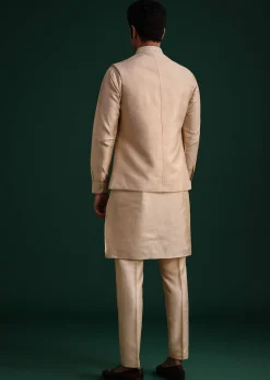 Beige Silk Kurta Set With Threadwork Jacket