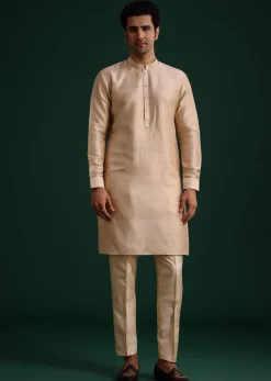 Beige Silk Kurta Set With Threadwork Jacket
