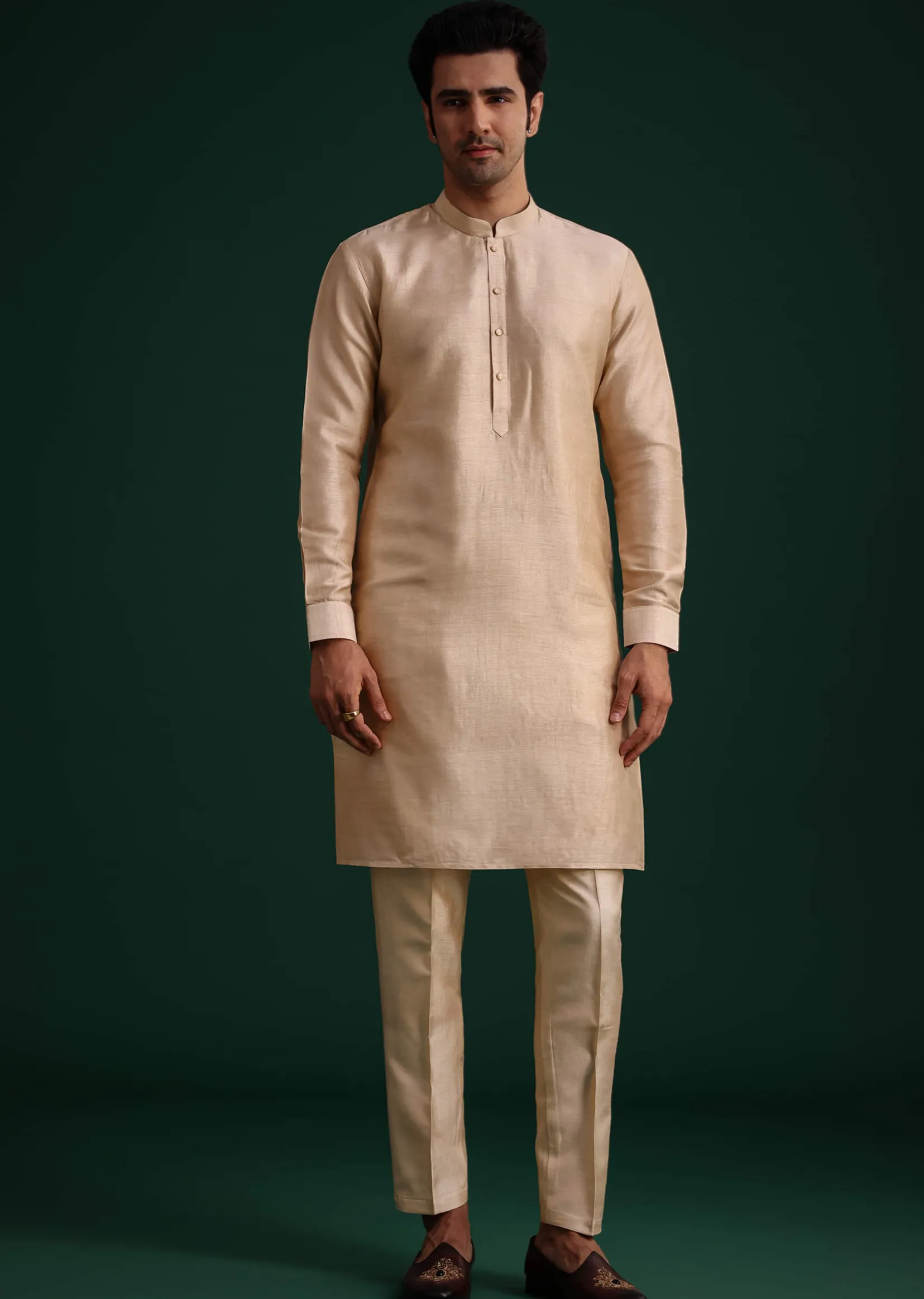 Beige Silk Kurta Set With Threadwork Jacket