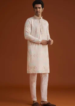 Beige Silk Kurta Set With Hand Embellishments
