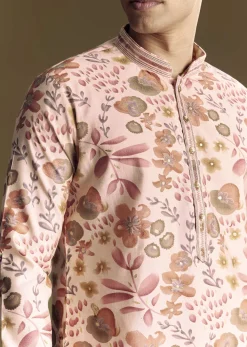 Beige Silk Kurta Set With Floral Foil Accents And Stone Detailing