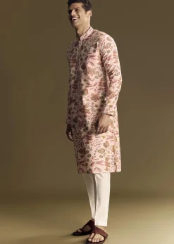 Beige Silk Kurta Set With Floral Foil Accents And Stone Detailing