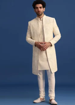 Beige Silk Sherwani And Kurta Set With Zardozi Embroidery