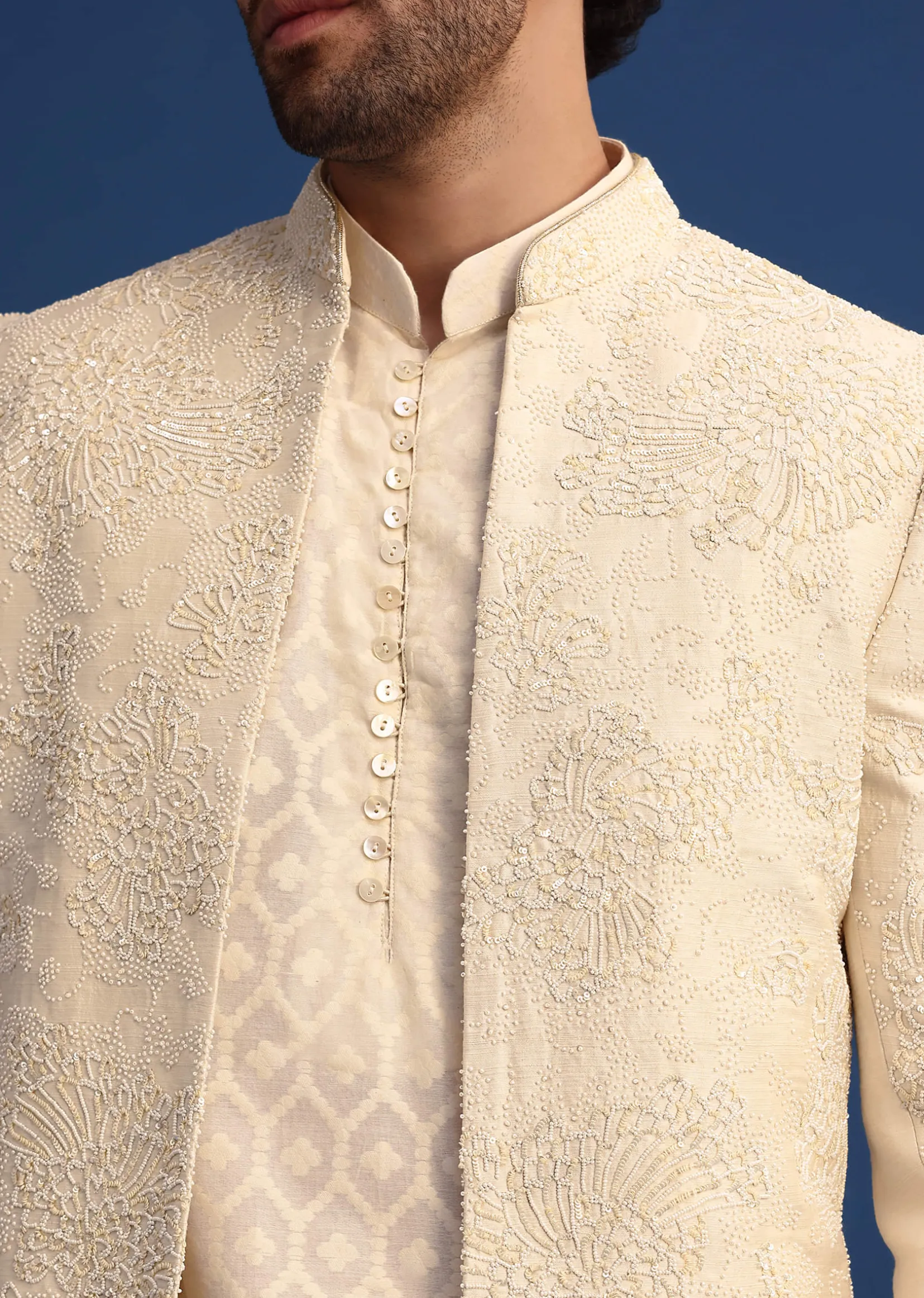 Beige Silk Sherwani And Kurta Set With Zardozi Embroidery