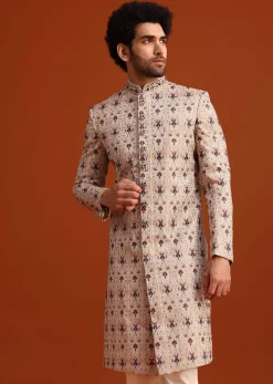 Beige Silk Sherwani Set With Resham Work