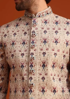 Beige Silk Sherwani Set With Resham Work