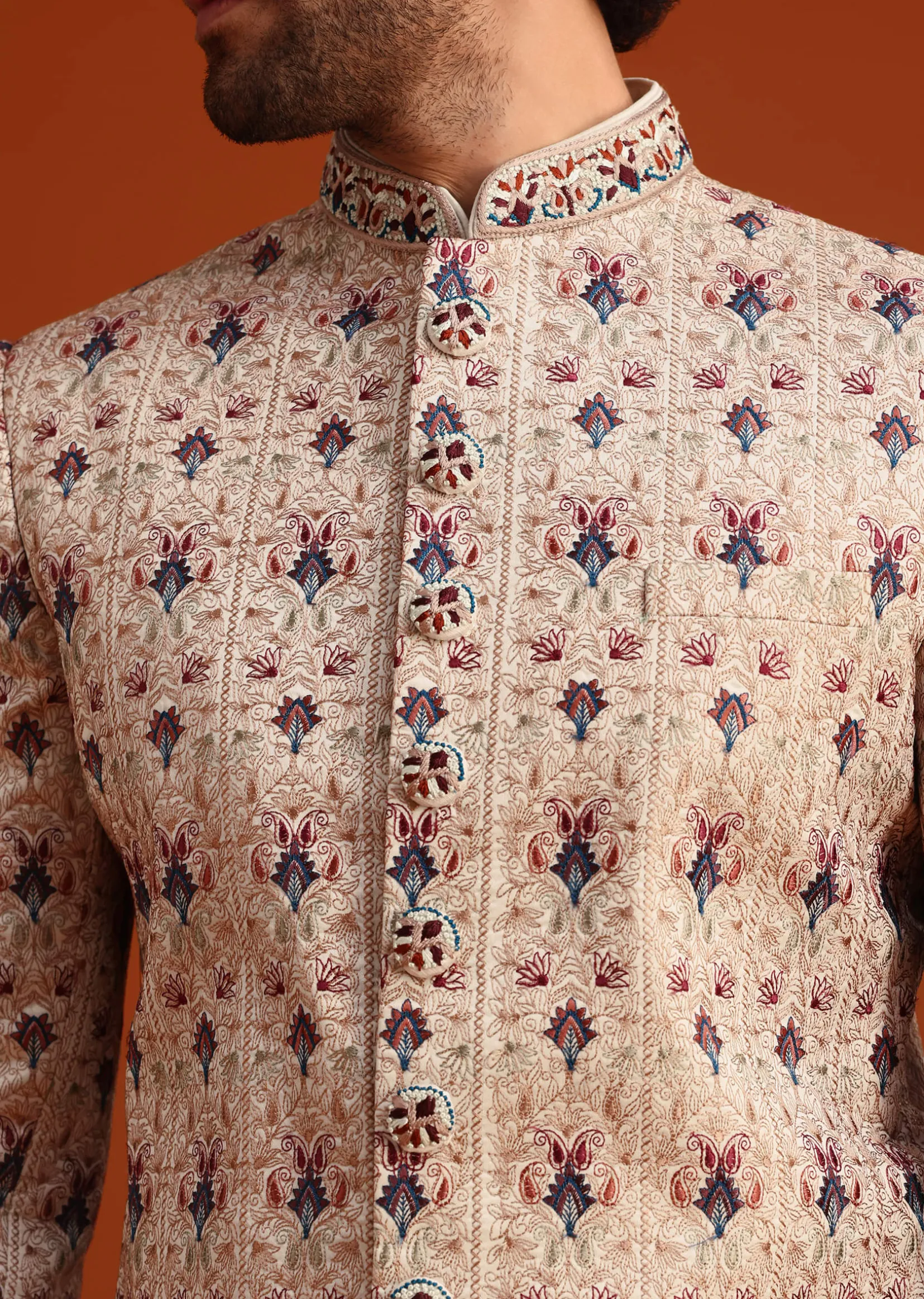 Beige Silk Sherwani Set With Resham Work