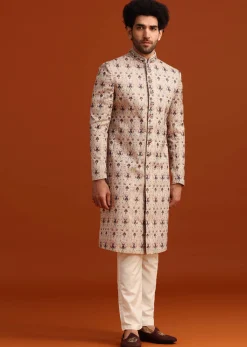 Beige Silk Sherwani Set With Resham Work