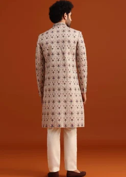 Beige Silk Sherwani Set With Resham Work