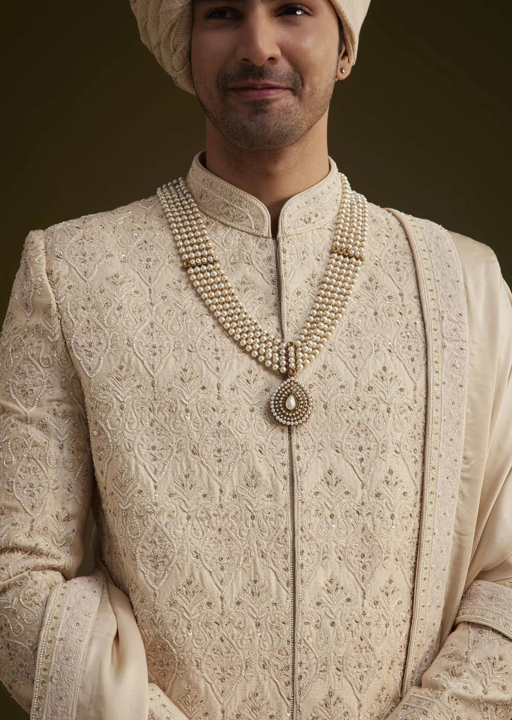 Beige Silk Sherwani Set With Dori Handwork