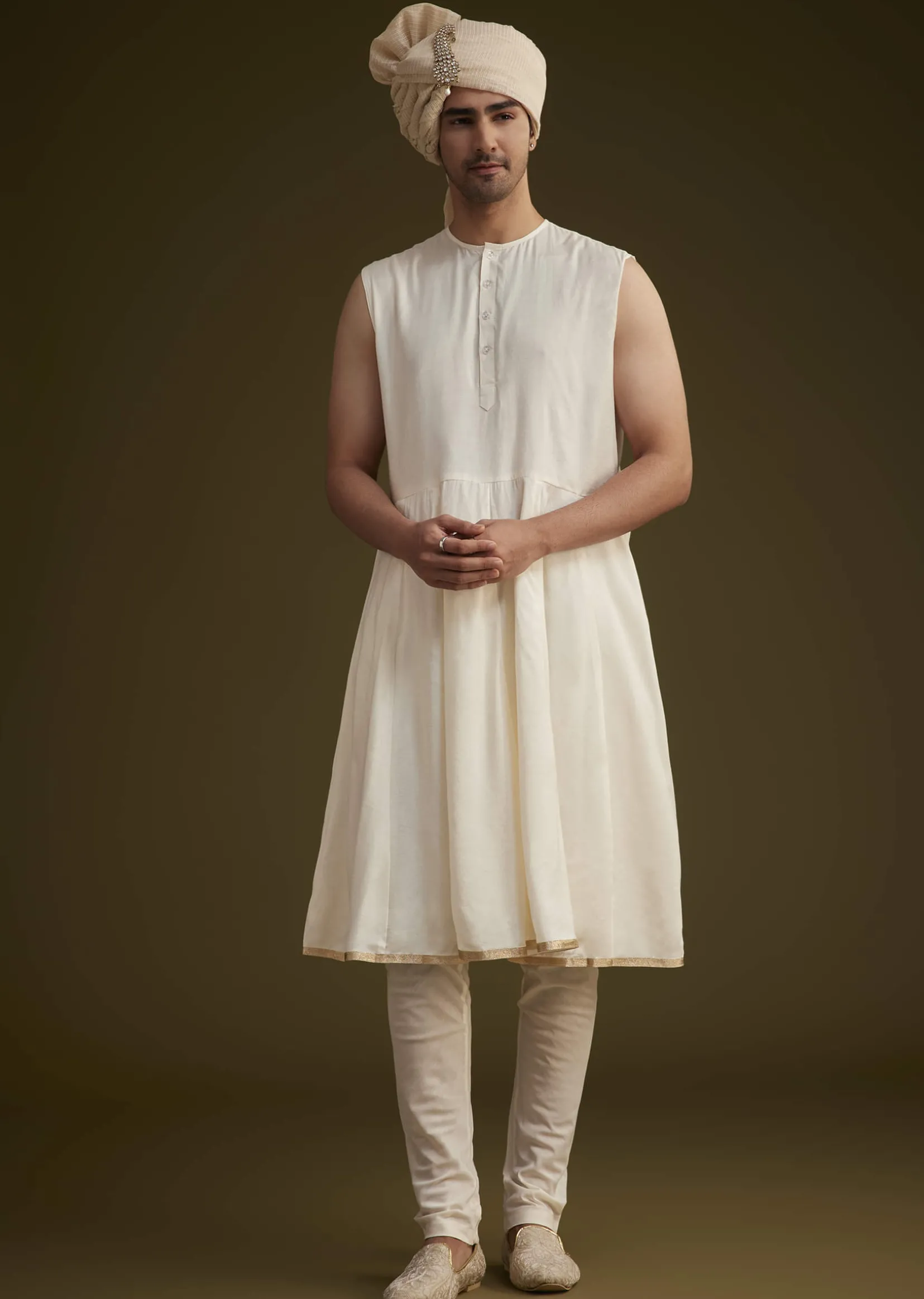 Beige Silk Sherwani Set With Dori Handwork