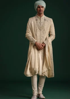 Beige Silk Sherwani Set With Zardozi Work