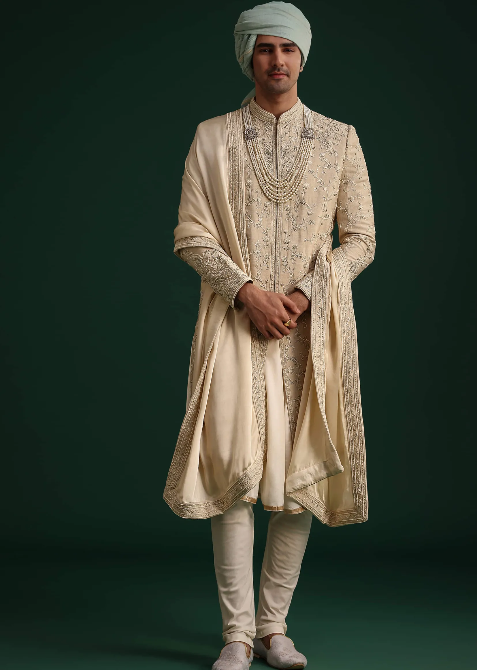 Beige Silk Sherwani Set With Zardozi Work