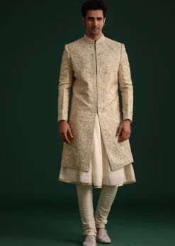 Beige Silk Sherwani Set With Zardozi Work