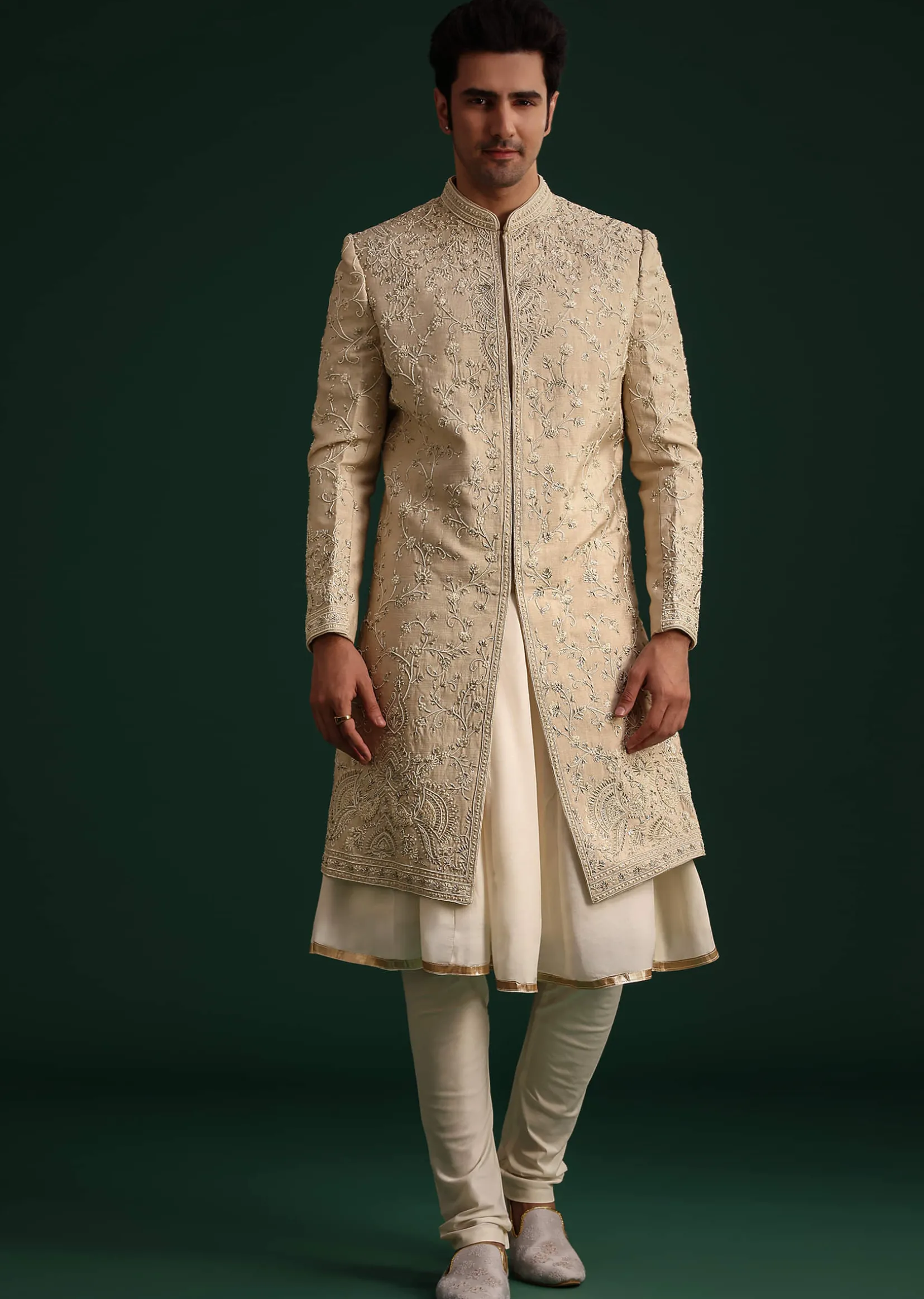 Beige Silk Sherwani Set With Zardozi Work