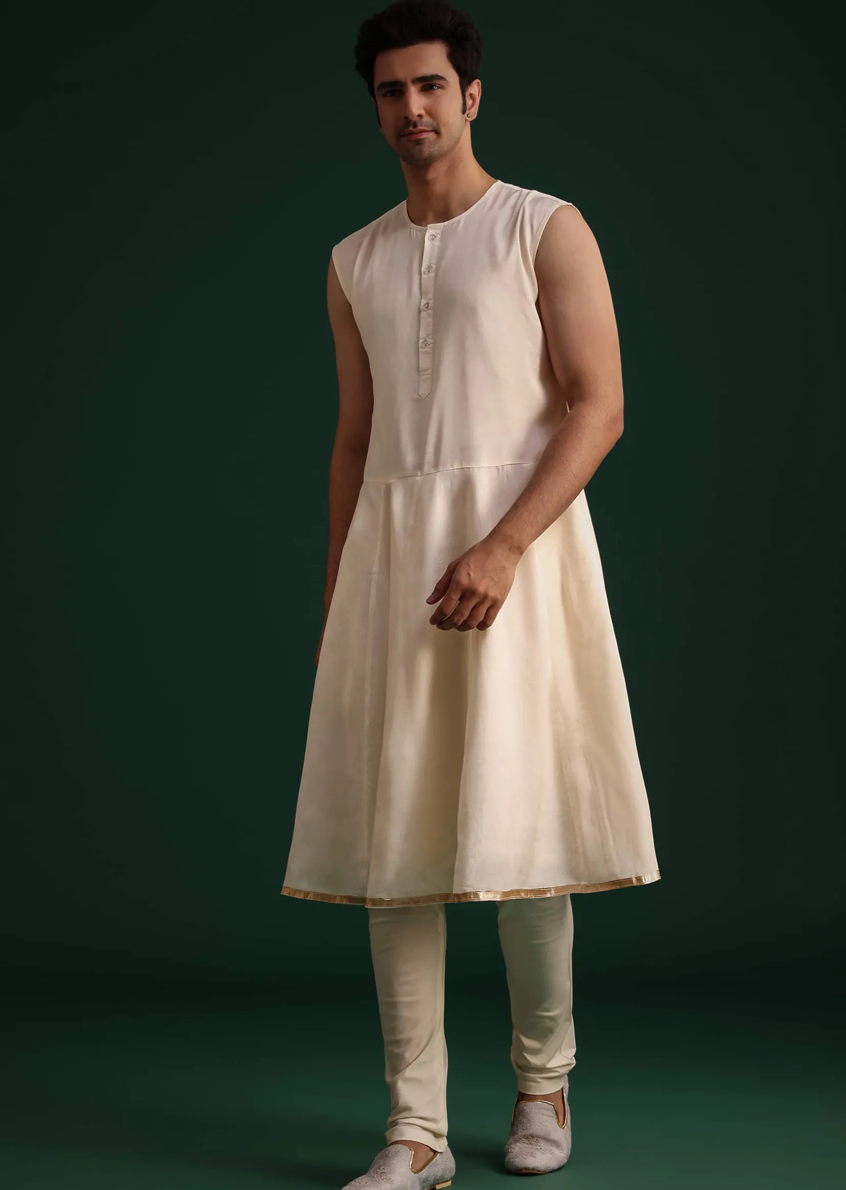Beige Silk Sherwani Set With Zardozi Work
