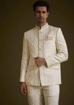 Beige Silk Textured Jodhpuri Suit With Cut Dana Accents