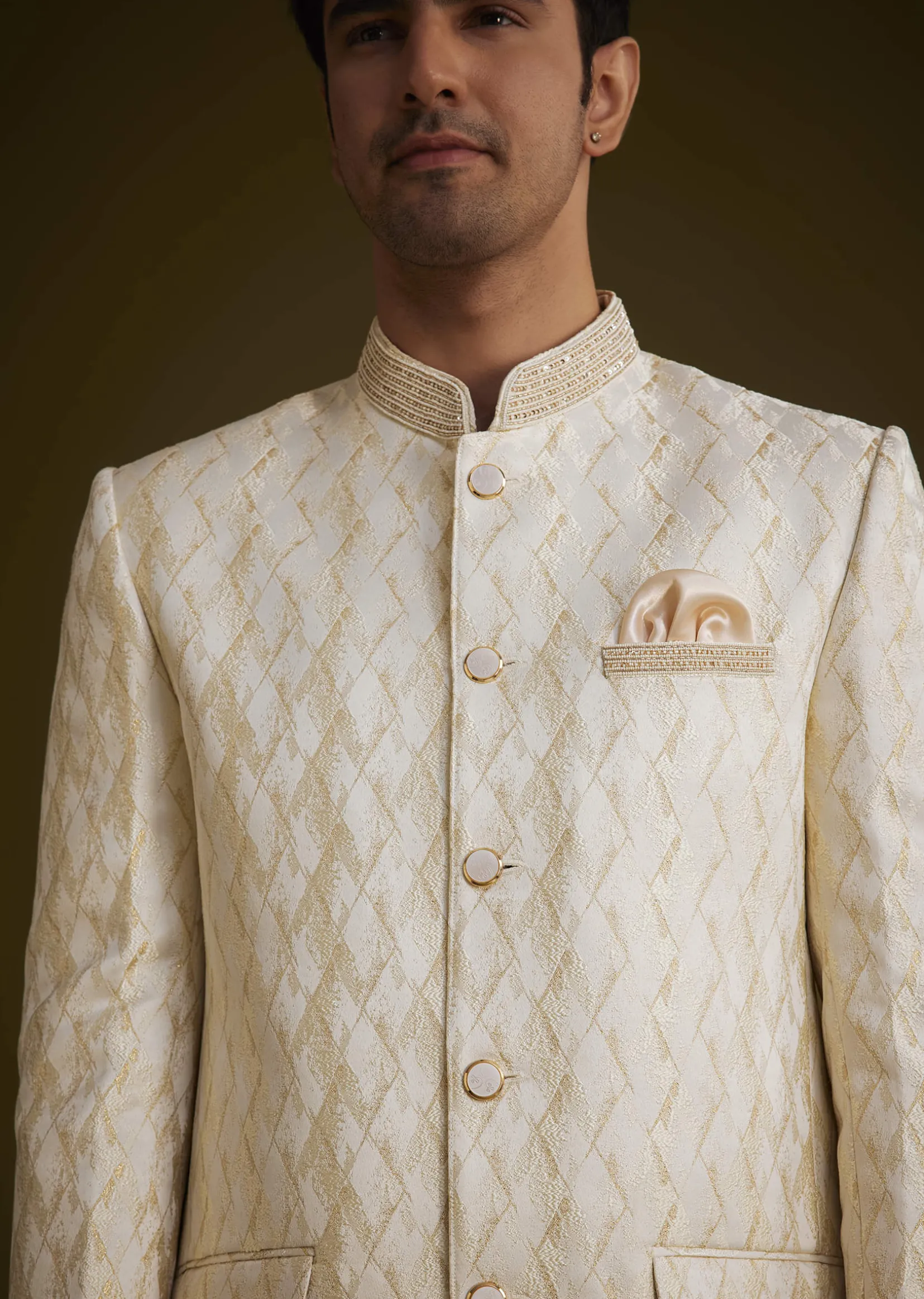 Beige Silk Textured Jodhpuri Suit With Cut Dana Accents