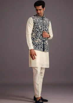 Beige Silk Threadwork Jacket Kurta Set For Men