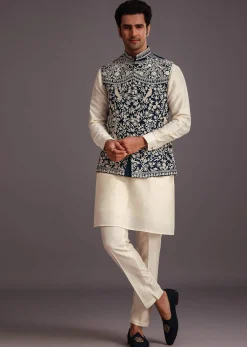 Beige Silk Threadwork Jacket Kurta Set For Men