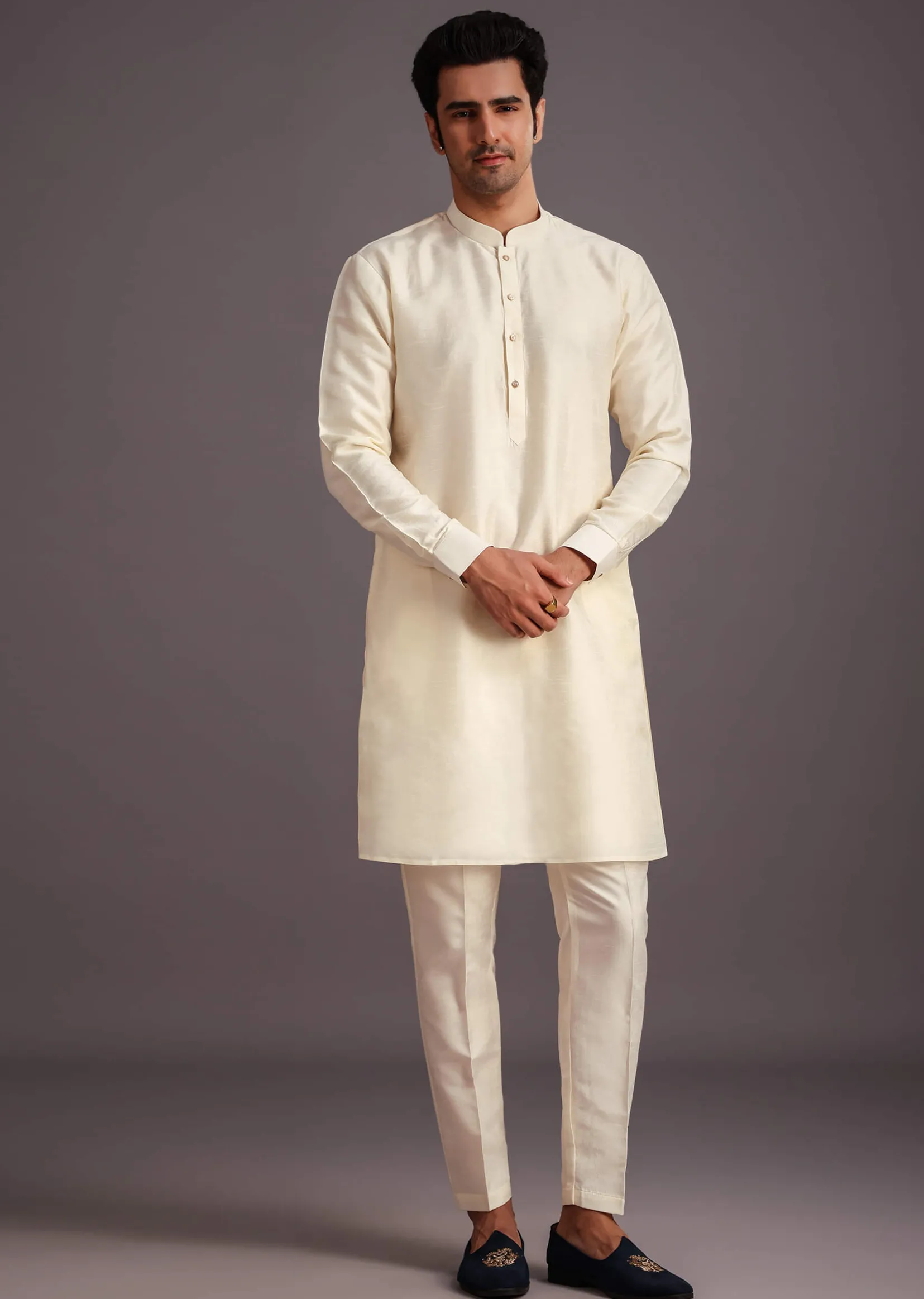 Beige Silk Threadwork Jacket Kurta Set For Men