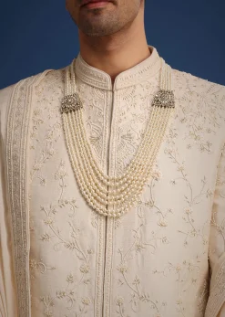Beige Silk Zardozi Work Sherwani Set With Dupatta