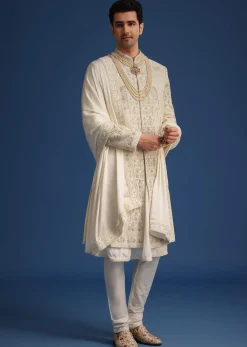 Beige Silk Zardozi Work Sherwani Set With Mala