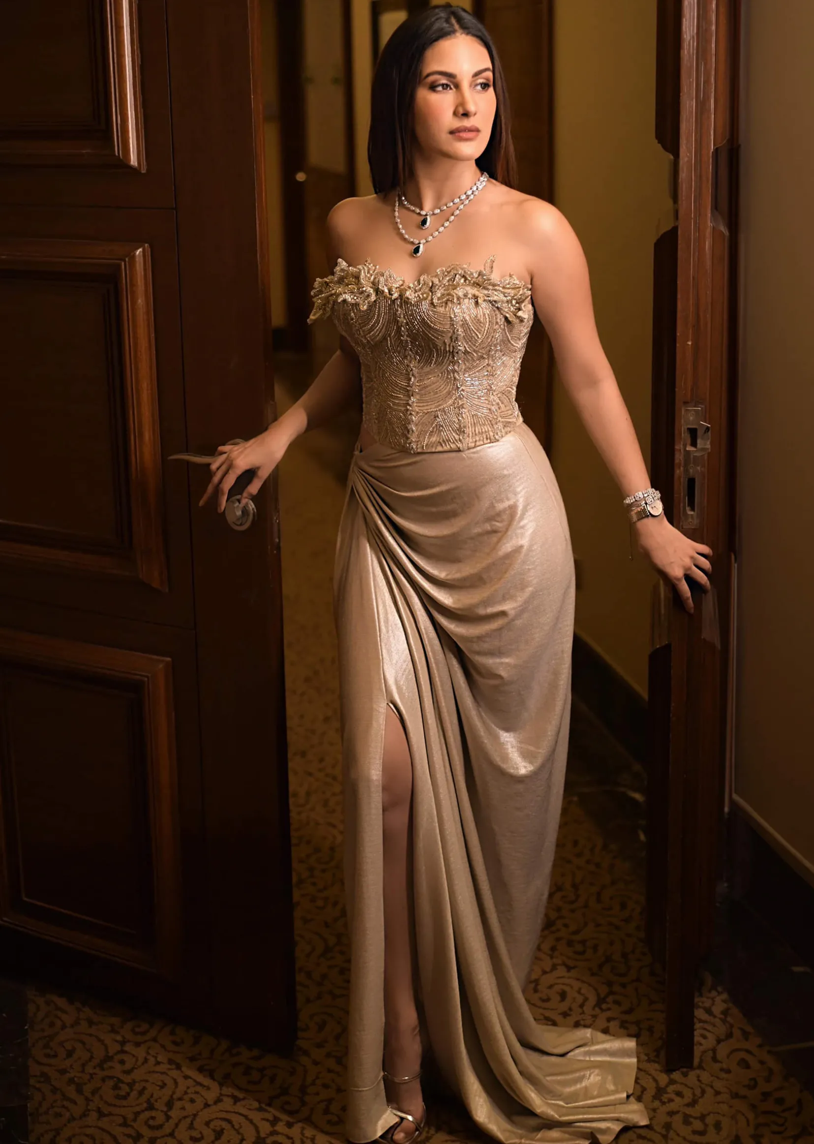 Beige Silver Draped Skirt With Embroidered Blouse