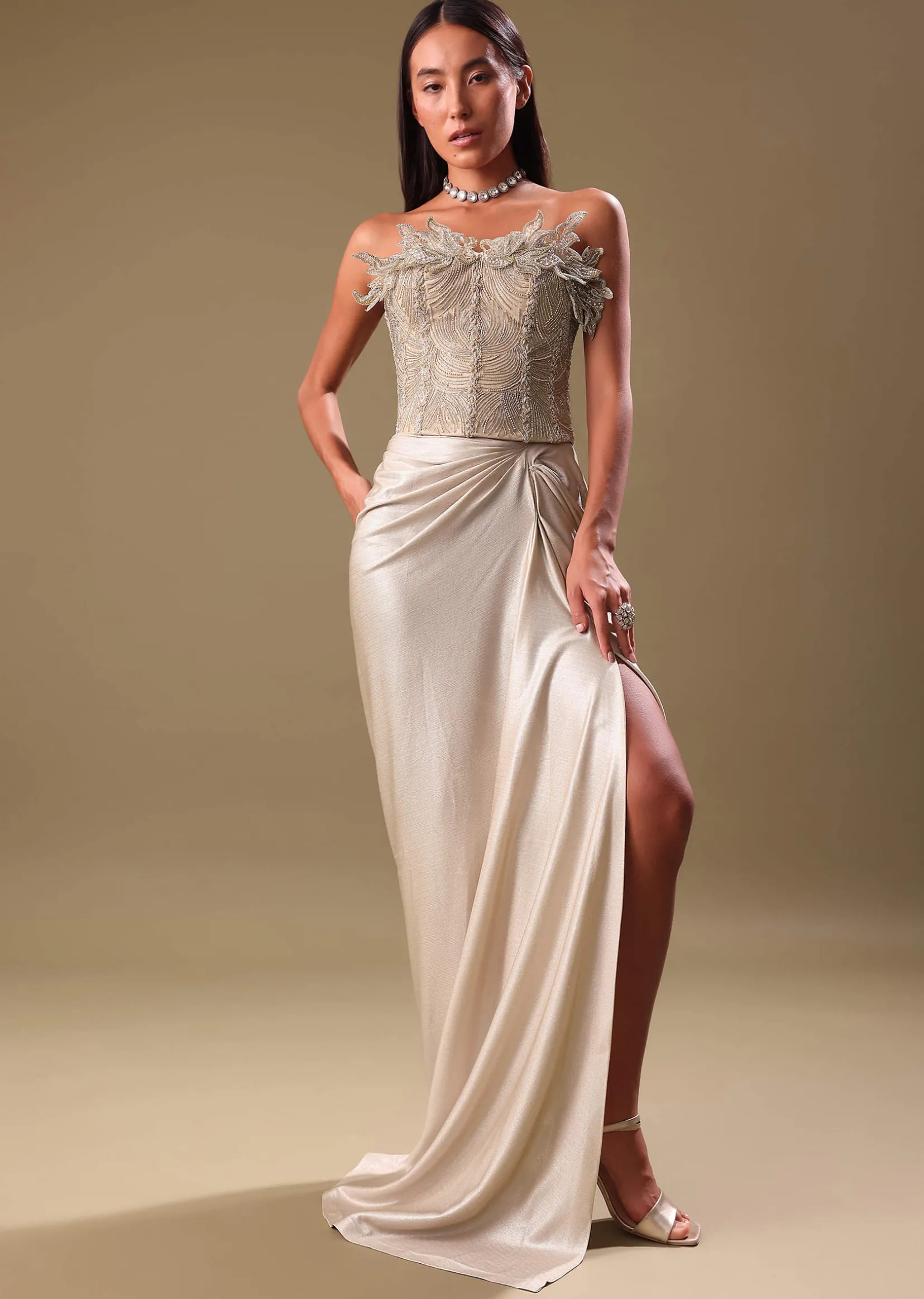 Beige Silver Draped Skirt With Embroidered Blouse