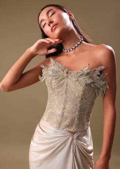 Beige Silver Draped Skirt With Embroidered Blouse