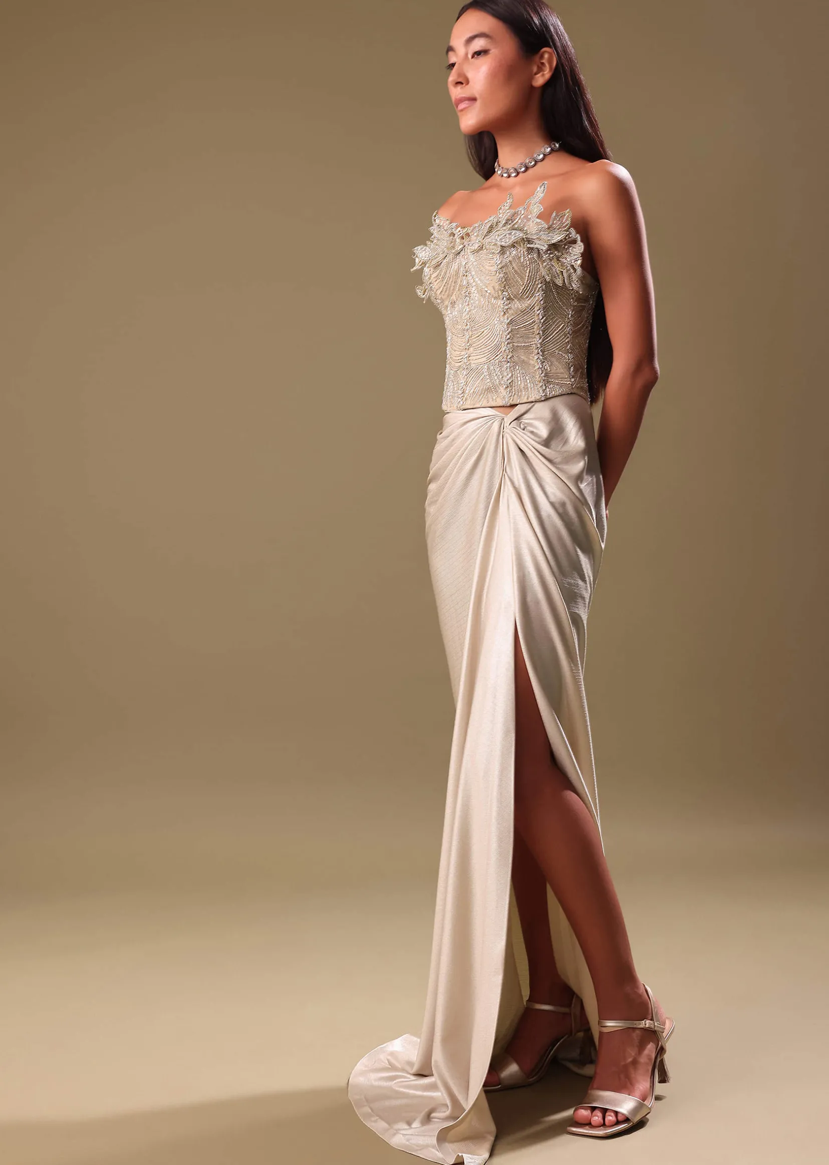 Beige Silver Draped Skirt With Embroidered Blouse