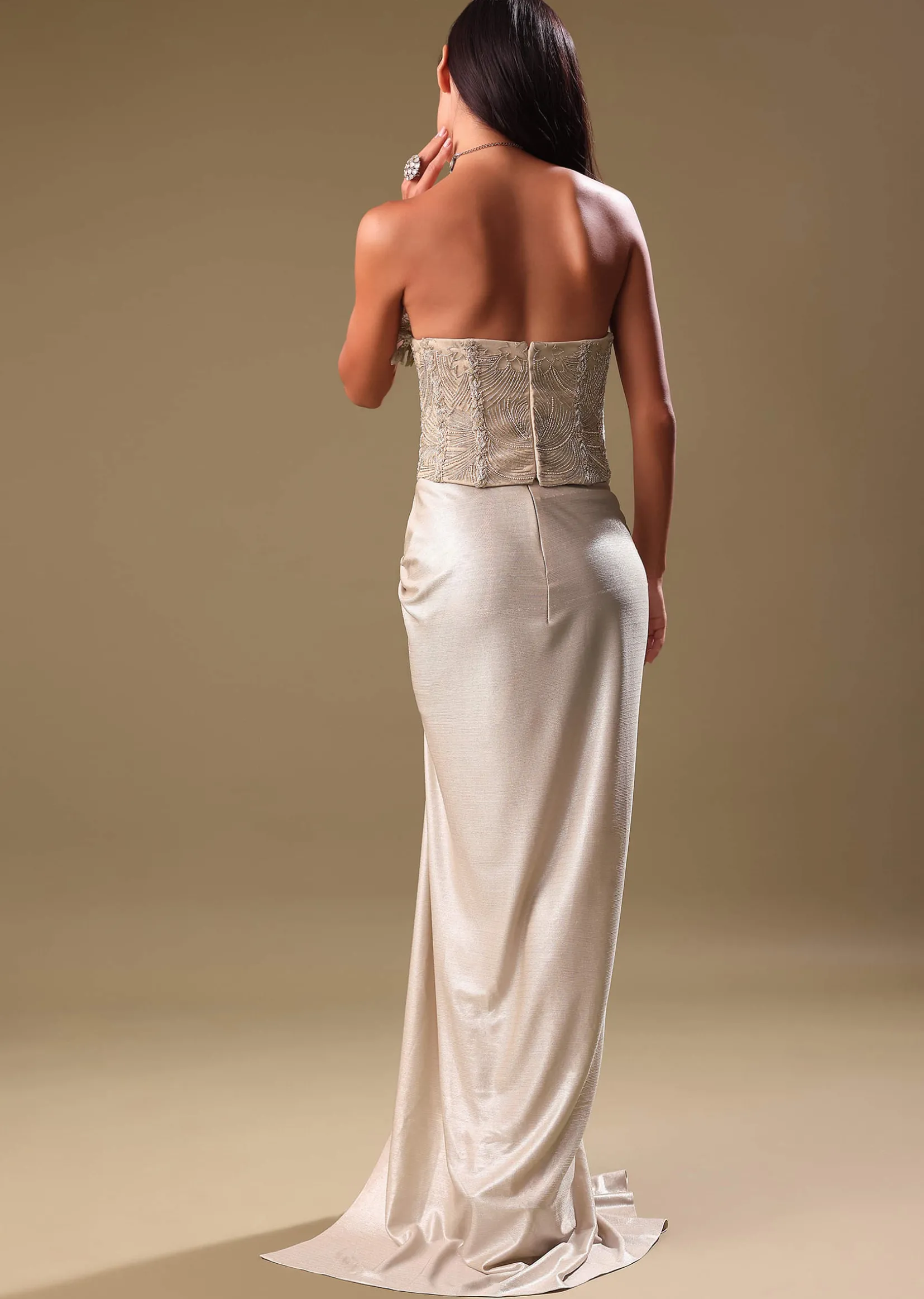 Beige Silver Draped Skirt With Embroidered Blouse