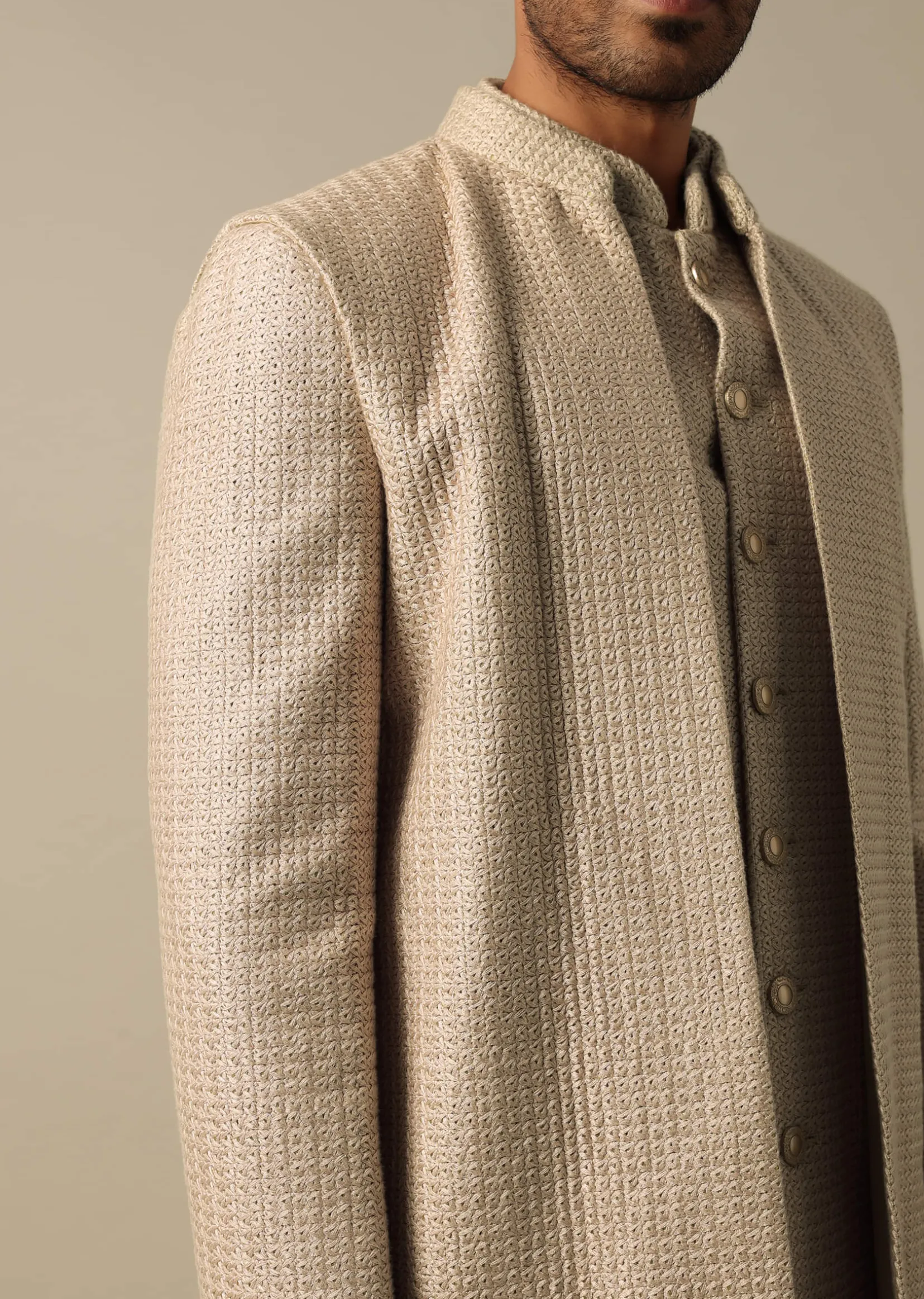 Beige Textured Indowestern Set for Grooms