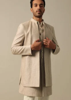 Beige Textured Indowestern Set for Grooms