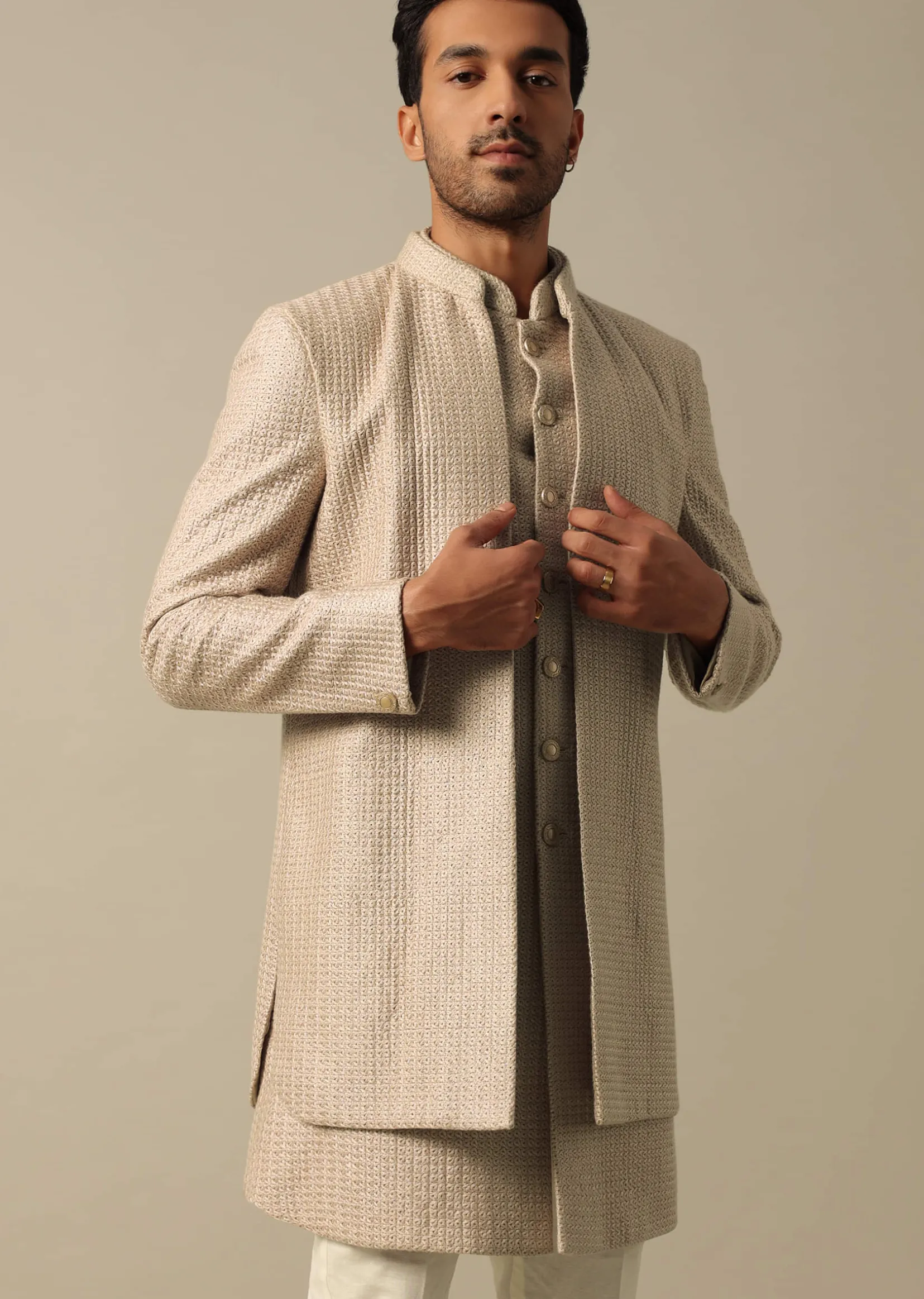 Beige Textured Indowestern Set for Grooms