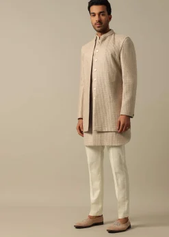 Beige Textured Indowestern Set for Grooms