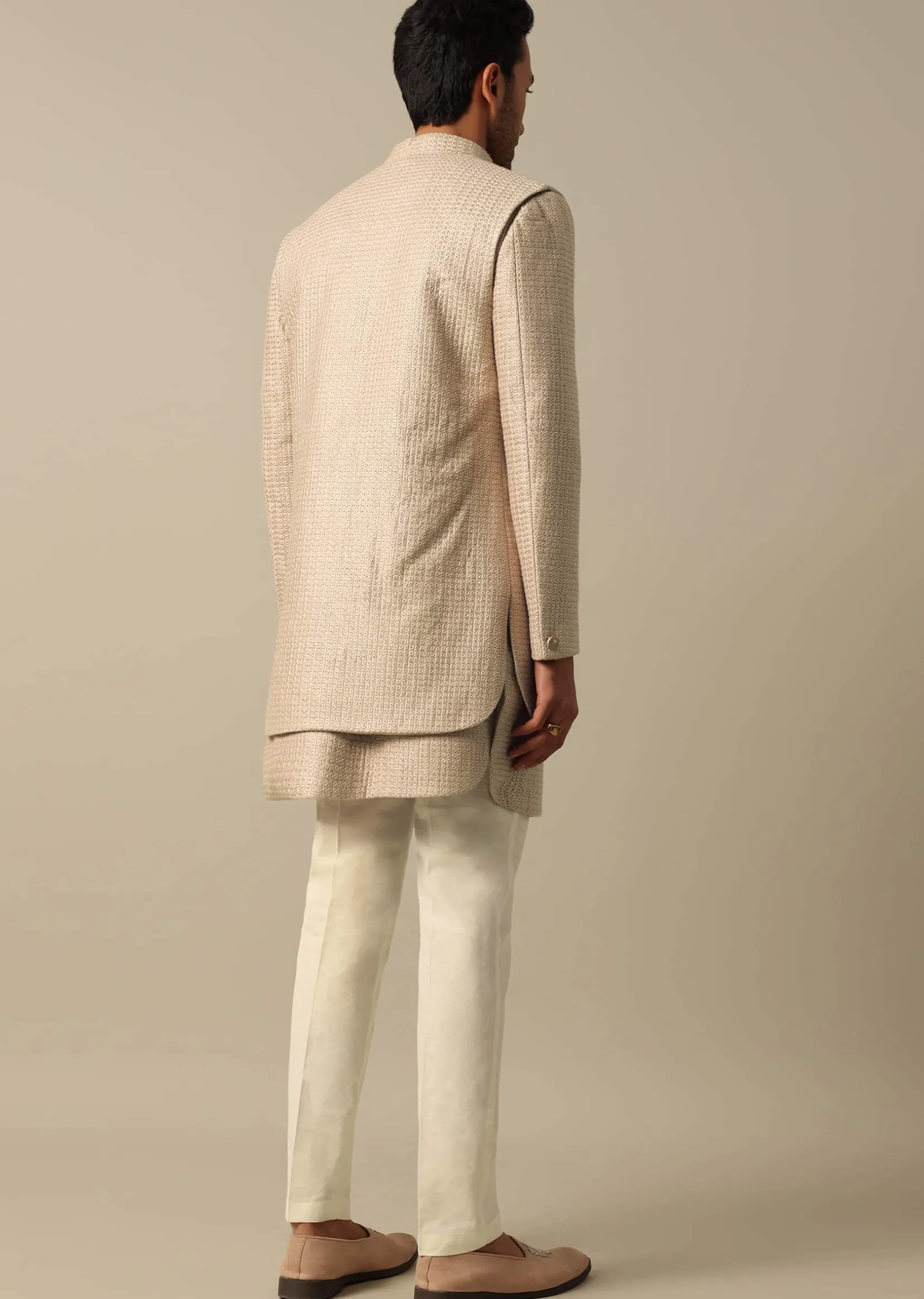 Beige Textured Indowestern Set for Grooms