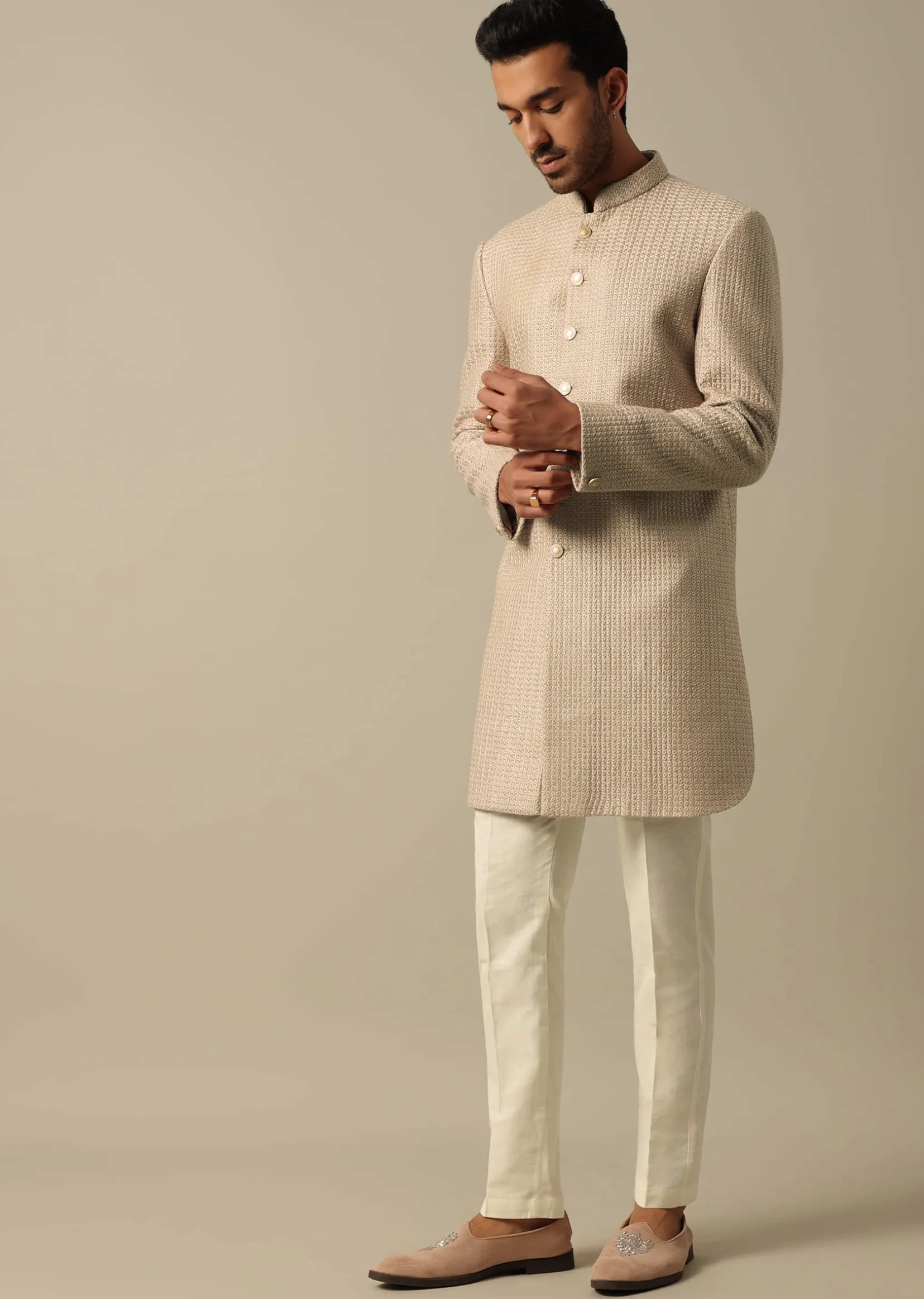 Beige Textured Indowestern Set for Grooms