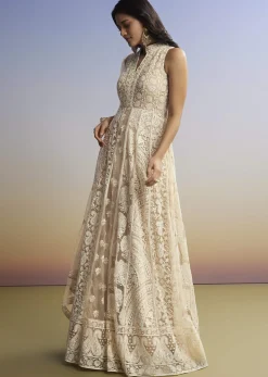 Beige Threadwork Anarkali With Dupatta