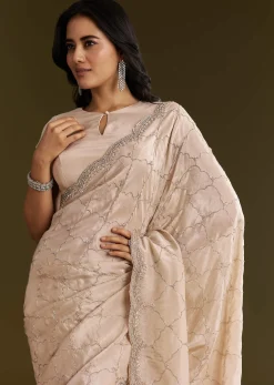 Beige Tissue Embroidered Saree With Cutdana Stones And Sequins