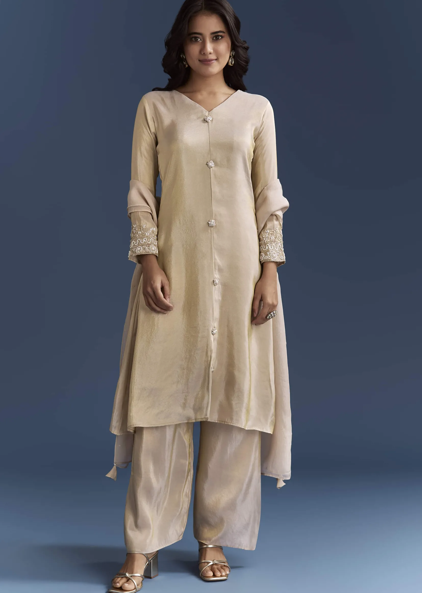 Beige Tissue Kurta Set With Organza Dupatta